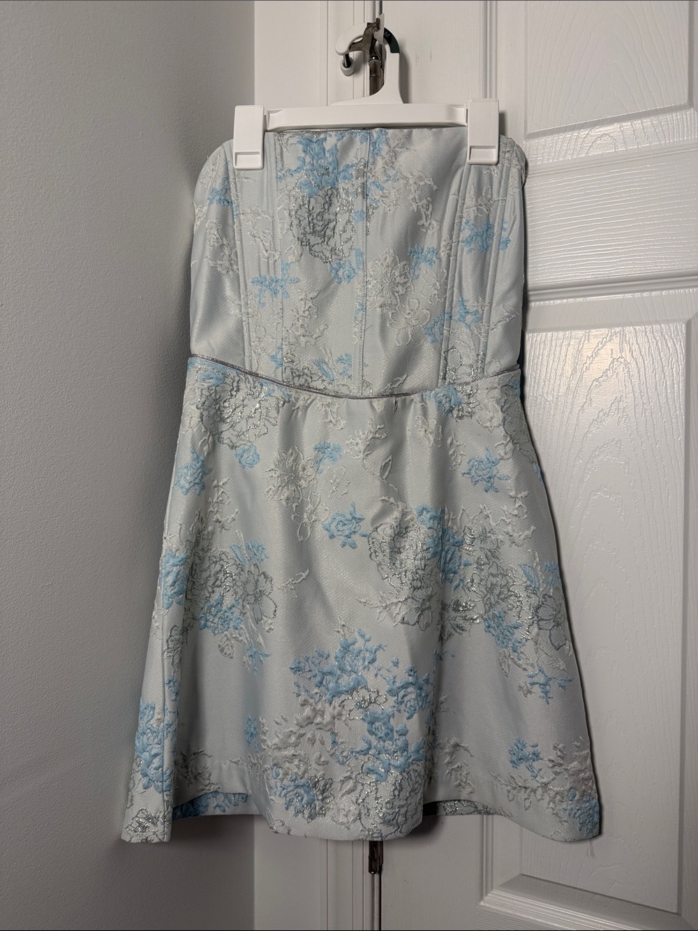 Strapless Floral Jacquard Mini Dress in Light Blue